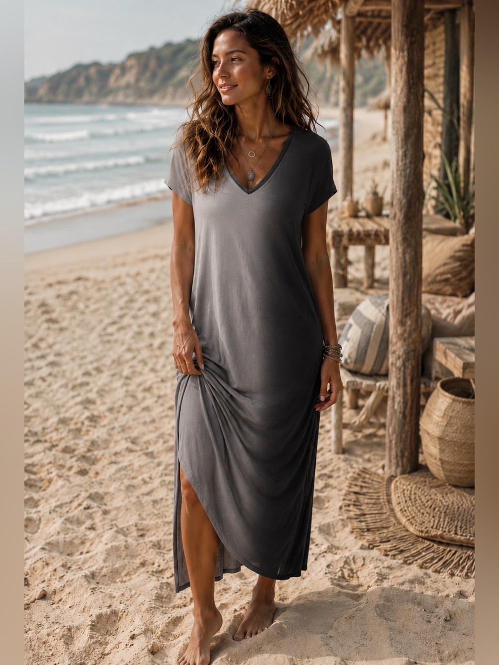 🔥 Gray Ombré V-Neck Maxi Dress